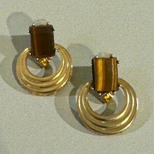 Vintage Gold Tone Door Knocker Earrings Tiger’s Eye Rectangular Hoop 1.75" X 1"